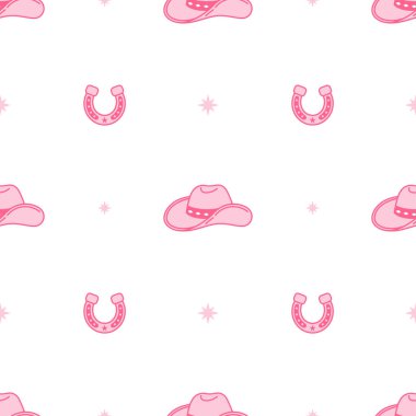 Pembe çekirdekli at nalı ve kovboy şapkası. Kovboy kovboy kovboy ve vahşi batı temalı kusursuz desen. Vektör çizimi, beyaz arkaplan. Çizgi film tarzı. Vahşi batı dokusu