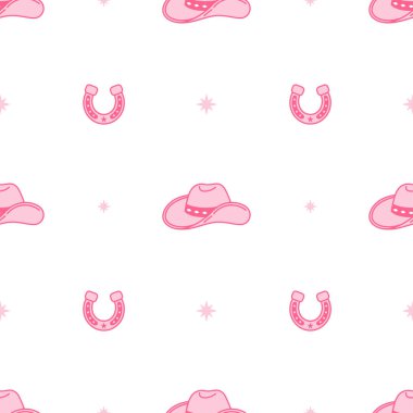 Pink core horseshoe and Cowboy hat. Cowboy western and wild west theme seamless pattern. Vector illustration, white background. Cartoon style. Wild west texture clipart