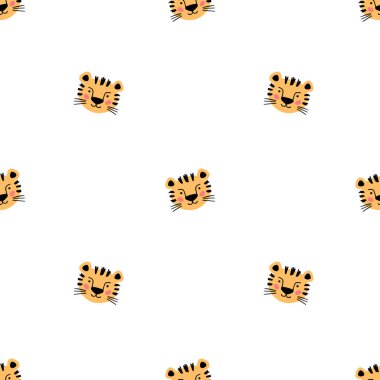 Güzel İskandinav desenli, karalama tarzında küçük bir kaplan ağızlıklı. Vektör çizimi kaplan kafası. Beyaz arka plan. Çocuklar çiziyor