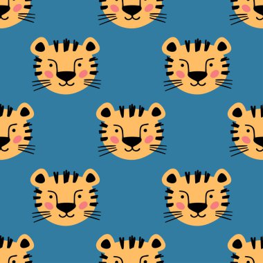Güzel İskandinav desenli, karalama tarzında küçük bir kaplan ağızlıklı. Vektör çizimi kaplan kafası. Çocuk resimleri. Çocuk tekstil dokusu.
