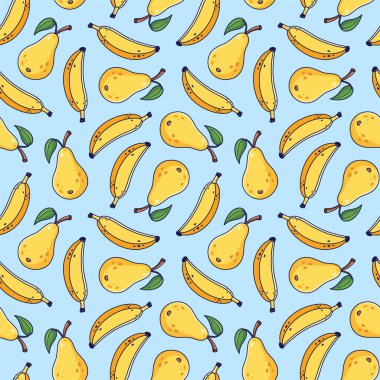 Şirin sarı muz ve armutsuz desenli açık mavi arkaplan çizgi film tarzında. Vektör karikatür meyve çizimi. El çizimi manga tarzı doku. Çocuk kıyafetleri için desen.