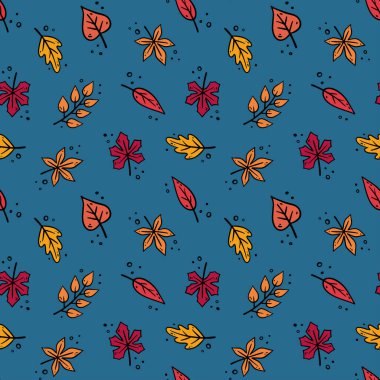 Sonbahar pürüzsüz desen. Karalama tarzında vektör çiçek çizimi. Sonbahar elementleriyle sonbahar deseni - meşe yaprakları, akçaağaç yaprakları, sonbahar yaprakları.