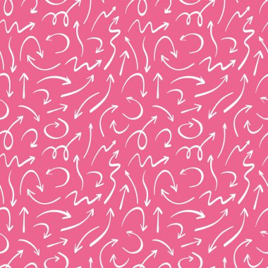 Elle çizilmiş kavisli oklar dikişsiz desen. Pembe karalama stili. İşaretlerin dokusu. Sketch tarzında vektör illüstrasyonu. Cazibe 2000 'ler, 90' lar estetik