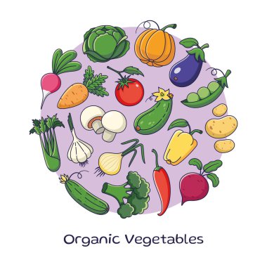 Çizgi film tarzında şirin sebzeler. Taslak Sebze koleksiyonu şablonu. Sebze ikonları, çıkartmalar, paket. Organik sebzeler yuvarlak çerçeve Vektör illüstrasyonu beyaz arkaplanda izole.