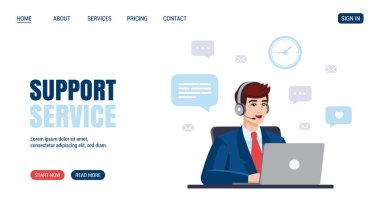Operatör, adam dizüstü bilgisayarla çalışıyor. Düz dizayn. Vektör ilanı, poster, afiş tasarımı. Destek hizmeti konsepti. Destek, yardım, çağrı merkezi kavramları. Çağrı Merkezi Operatörü.