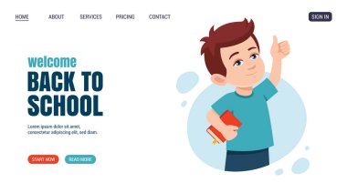 Kitabı olan küçük mutlu çocuk baş parmağını kaldırdı. Web sitesi, web sayfası tasarımı. Vektör düz çizim çizgi film stili. Çevrimiçi eğitim, kurs kavramı.