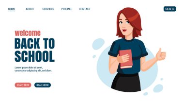 Kitaplı genç bir kadın baş parmağını kaldırdı. Eğitim, bilgi, öğrenci konsepti web sitesi, web sayfası tasarımı. Vektör çizimi. Okula dönüş konsepti.