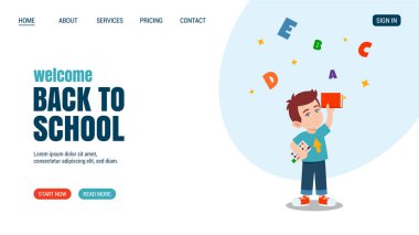 Etrafı mektuplarla çevrili kitaplı mutlu küçük çocuk. Eğitim, bilgi, okuma konsepti uçak tasarımı. Eğitim konsepti web sitesi, web sayfası. Vektör düz çizim çizgi film biçimi.