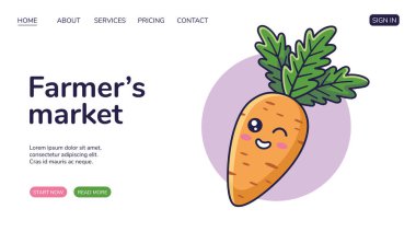 Çiftçi pazarı web sitesi, Kawaii Havuç karakterli web sayfası tasarımı. Kawaii tarzı poster. Düz dizayn. Reklam afişi, afiş. Çiftçi pazarı konsepti. Şirin Gülümseyen Havuç