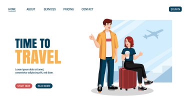 Bavullu genç bir çift, uçuş öncesi havaalanında başparmaklarını gösteriyorlar. Düz dizayn, çizgi film tarzı. Vektör çizimi. Seyahat konsepti web sitesi, web sayfası tasarımı.