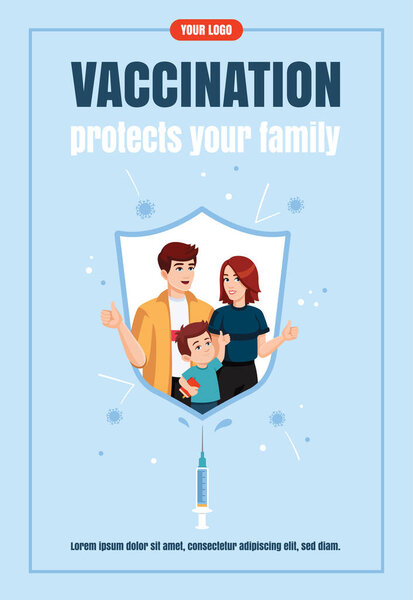 Vaccinated family is protected from infection by an immunity shield. Power of vaccination concept Flyer design, banner, promo, advertising, leaflet. Vector illustration in flat style.