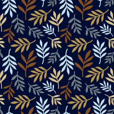 Soyut yaprakları ve dalları koyu mavi arka planda olan sanatsal, pürüzsüz bir desen. Doğanın renklerinde modaya uygun soyut desen. Kağıt, tekstil ve iç dekorasyon için vektör tasarımı.