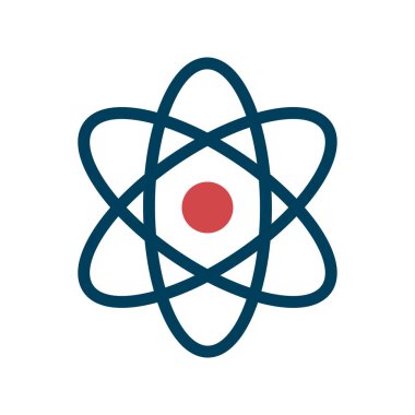 Atom simgesi. Minimalist Vektör illüstrasyonu. Flay tasarımı. Bilim sembolü, eğitim, bilimsel araştırma, nükleer fizik. Temel parçacık tasarımı kavramı.
