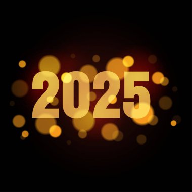 2025 yılbaşı kartpostalında sahte ışık efektleri var. Sayısal tasarım. Altınla yeni yıl metin tasarımı şablonu kutlu olsun. İzole edilmiş koyu kırmızı arka plan. Kartpostal, takvim, pankart. Vektör illüstrasyonu.