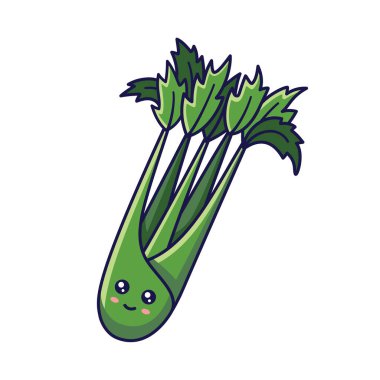 Şirin Kawaii Kereviz çizgi film ikonu çizimi. Gıda sebzesi yassı ikon kavramı beyaz arka planda izole edildi. Kereviz karakteri, Doodle tarzında bir maskot. Çocuk kıyafetleri için baskı.