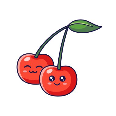 Tatlı Kawaii Cherry karakteri. Vektör el çizimi karikatür ikonu çizimi. Karalama tarzında kiraz karakteri. Beyaz arkaplanda izole.