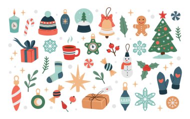 Noel unsurları ayarlandı. Güzel bir Noel kış süsü koleksiyonu. Köknar, hediye ve kurabiyeli vektör illüstrasyonu. Güzel bir Noel kış süsü koleksiyonu. Düz dizayn, çizgi film tarzı.