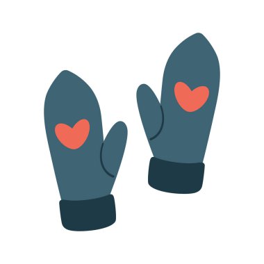 Kalpli bir çift örgü eldiven. Sıcak eldivenler, kış aksesuarları. Düz tasarım, beyaz arkaplanda izole edilmiş vektör. Dişi eldivenler, Sevgililer gününde hediye, Noel, Yeni Yıl