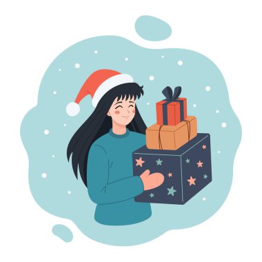 Noel, Manga stilistli Noel Baba şapkası takan ve hediye kutuları taşıyan bir kızla mutlu bayramlar kartı tasarımı. Noel kutlaması vektör illüstrasyonu. anime tarzı, düz tasarım.