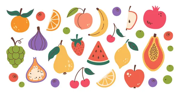 Farklı meyve ve böğürtlen seti. Organik vitamin ve sağlıklı besin toplama. İzole edilmiş karpuz, muz, şeftali, elma, kiraz, armut, üzüm, limon. Düz dizayn, karalama tarzı. Vektör