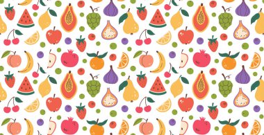 Meyve toplama kalıpları kusursuz. Farklı meyve ve meyveler. El yapımı organik vitaminler ve sağlıklı beslenme dokusu. Düz dizayn, karalama tarzı. Vektör illüstrasyonu