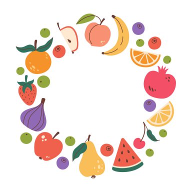 Tatlı meyveler ve böğürtlenler karalama tarzında. Meyve simgeleri dairesel şablon. El çizimi meyve çemberi sınırı. Dairesel kopyalama alanı şablonu. Vektör illüstrasyonu beyazda izole edildi.