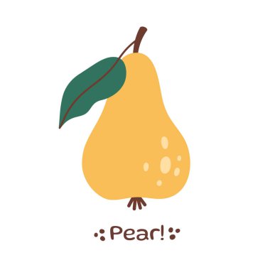 Armut Fruit illüstrasyonu. Armut ikonu. Organik vitaminler ve sağlıklı beslenme. Yeşil yapraklı yalıtılmış armut. Düz dizayn, karalama tarzı. T-kısaltması için grafiksel baskı. Vektör