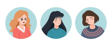 Manga tarzı esmer, sarışın, kahverengi saçlı kızlar süveter giyiyor. Kadın resimlerinin portreleri. Video çağrı vektör illüstrasyonu. Anime tarzı, düz tasarım. Manga karakter simgesi