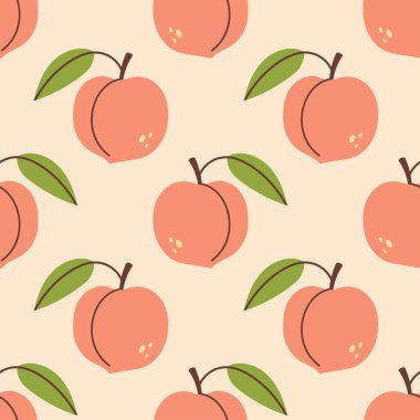Şeftali pürüzsüz desen. Yapraklı şeftali meyvesi. Organik vitaminler ve sağlıklı beslenme. Düz dizayn, karalama tarzı. Grafiksel doku. Kumaş tasarımı. Vektör