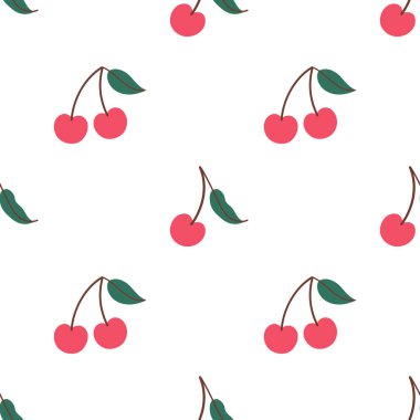 Kirazsız desen. Kiraz kumaşı tasarımı. Organik vitaminler ve sağlıklı beslenme. Düz dizayn, karalama tarzı. Grafiksel doku. Kumaş tasarımı. Vektör