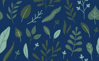 Taze otlar, kusursuz desen konsepti. Güzel el yapımı otlar, yapraklar, dallar. Koyu mavi arka planda vektör karikatür bitkileri. Bahar bitkileri, yapraklar.