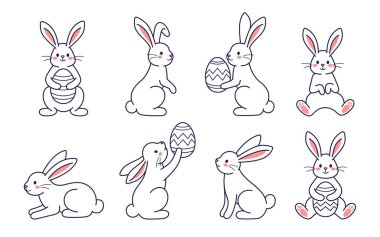 Paskalya karakter seti. Tavşan, tavşan, yumurtalı tavşan. Vektör düz tasarım, özet paskalya karakter boyama sayfası. Mutlu Paskalya koleksiyonu