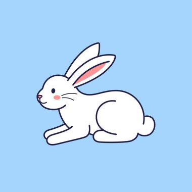 Paskalya karakteri yalan söylüyor, oturan tavşan, tavşan, tavşan. Vektör düz tasarım, taslak çizim. Paskalya karakteri maskotu, çıkartma. Tebrik kartı, Mutlu Paskalyalar konsepti. Tavşan simgesi