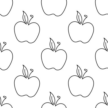 Elma meyvesinin dikişsiz deseni. Tek çizgi çizimi. Çizgi Sanat Elması. Bir çizgi Apple dokusu. Beyaz arka planda izole edilmiş vektör ana hatlı meyve. Tekstil, kumaş, doku tasarımı
