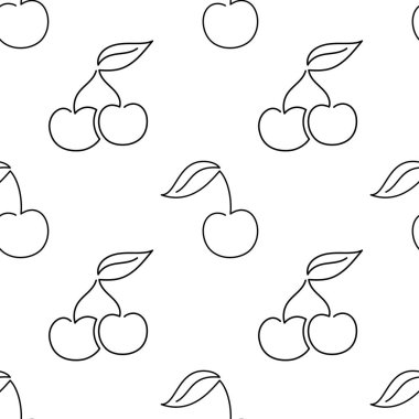 Kirazlı, dikişsiz bir desen. Tek çizgi çizimi. Çizgi sanatı duble kiraz. Bir çizgi kiraz dokusu. Beyaz arka planda izole edilmiş vektör ana hatlı meyve. Tekstil, kumaş, doku tasarımı