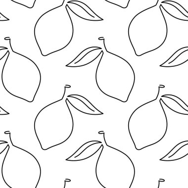 Yapraksız meyve desenli limon. Tek çizgi çizimi. Çizgili limon. Bir çizgi limon dokusu. Beyaz arka planda izole edilmiş vektör ana hatlı meyve. Tekstil, kumaş, doku tasarımı