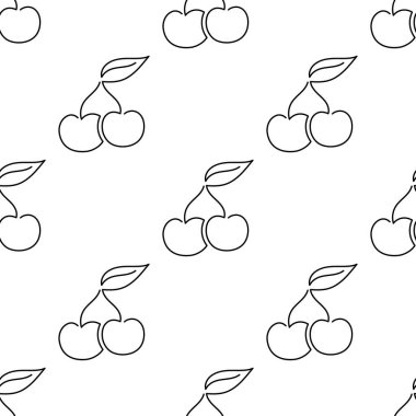 Kirazlı, dikişsiz bir desen. Tek çizgi çizimi. Çizgi sanatı duble kiraz. Bir çizgi kiraz dokusu. Beyaz arka planda izole edilmiş vektör ana hatlı meyve. Tekstil, kumaş, doku tasarımı
