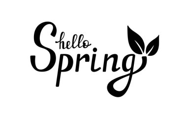 Merhaba bahar el yazısı. Çizgi film illüstrasyonu, el yazısı kaligrafi. Bahar zamanı alıntı. Yapraklarla bahar selamları