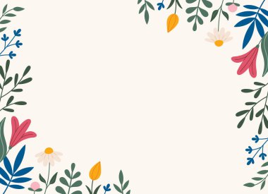 Dekoratif çerçeve, çiçeklerle sınır lale, yapraklar, zambaklar. Vektör. Doodle tarzı. Yatay kopyalama uzayı, tasarım şablonu. El çizimi bahar ve yaz çiçekleri ve yapraklar