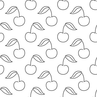 Kirazlı, dikişsiz bir desen. Tek çizgi çizimi. Çizgi Sanatı Kirazı. Bir çizgi kiraz dokusu. Beyaz arka planda izole edilmiş vektör ana hatlı meyve. Tekstil, kumaş, doku tasarımı