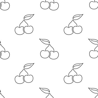 Kirazlı, dikişsiz bir desen. Tek çizgi çizimi. Çizgi sanatı duble kiraz. Bir çizgi kiraz dokusu. Beyaz arka planda izole edilmiş vektör ana hatlı meyve. Tekstil, kumaş, doku tasarımı