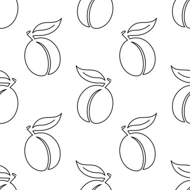 Kayısı meyvesi dikişsiz desen. Tek çizgi çizimi. Çizgili erik. Bir çizgi şeftali dokusu. Beyaz arka planda izole edilmiş vektör ana hatlı meyve. Tekstil, kumaş, doku tasarımı
