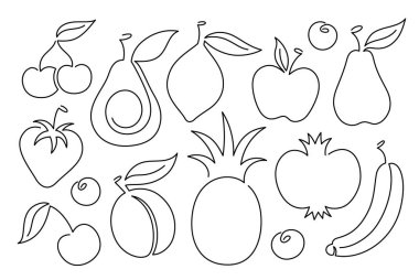 Meyve koleksiyonu devam ediyor. Tek çizgi simgeleri ayarlandı. Çizgi sanatı, devam eden çizgi çizimleri. Beyaz arkaplanda izole edilmiş vektör özeti meyveleri