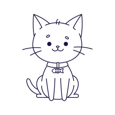 Balık şeklinde madalyonu olan tasmalı şirin, mutlu bir kedi. Cat in Kawaii stili. El çizimi vektör çizimi. Renk sayfası