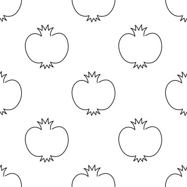 Nar aromalı, dikişsiz desen. Tek çizgi çizimi. Çizgi çalışması. Bir çizgi nar dokusu. Beyaz arka planda izole edilmiş vektör ana hatlı meyve. Tekstil, kumaş, doku tasarımı