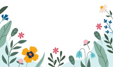 Bahar dekoratif çerçevesi, çiçeklerle sınır. Doodle biçiminde yatay kopyalama alanı, yatay kopyalama alanı, dizayn şablonu.