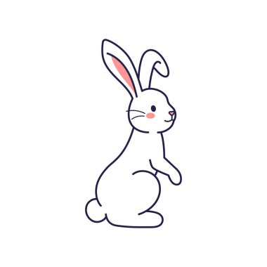 Paskalya karakteri oturan tavşan, tavşan, tavşan. Vektör düz tasarım, taslak çizim. Paskalya karakteri ikonu, maskotu, çıkartması. Mutlu Paskalyalar. Tavşan simgesi. Paskalya karakter renklendirme sayfası.