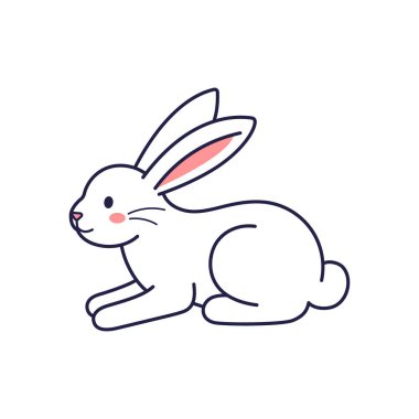 Paskalya karakteri oturan tavşan, tavşan, tavşan. Vektör düz tasarım, taslak çizim. Paskalya karakteri ikonu, maskotu, çıkartması. Mutlu Paskalyalar. Tavşan simgesi. Paskalya karakter renklendirme sayfası.