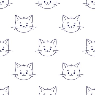 Kedi ağızlığının ana hatları. Kedi karakteri bebek kıyafetleri tasarlamak için karalama tarzında. Çizgi film kedisiyle el çizimi kusursuz desen. Bohem çocuk odası baskısı. Vektör çizgisi çizimi