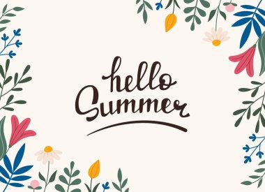 Dekoratif çerçeve, çiçeklerle sınır lale, yapraklar, zambaklar. Vektör. Merhaba yazlık mektuplar. Doodle tarzı. Yatay kopyalama uzayı, tasarım şablonu. El çizimi yaz çiçekleri ve yaprakları